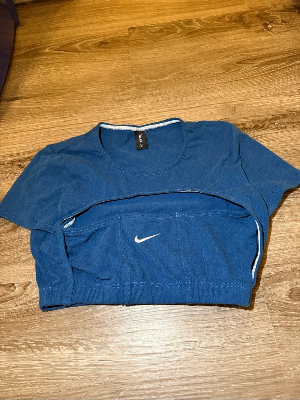 Custom Nike Blue Short Sleeve Cropped Sports Top with White Swoosh, Never worn